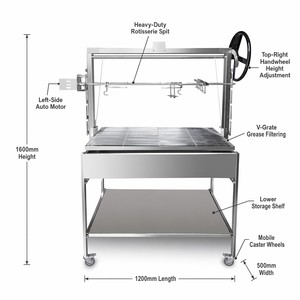 Parrilla Santa María de 1200 mm con Asador Giratorio, Elevación Manual con Volante, Acero Inoxidable, Parrilla <span class=keywords><strong>Argentina</strong></span> para Asar Cordero Entero - Product Image 2