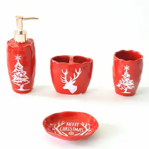 JIA SHUN 4pieces hotel bathroom products red ceramic Christmas theme bathroom accessories set soap dispenser tooth brush holder