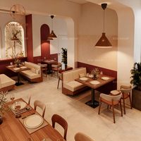 Ensemble de mobilier moderne pour hôtel, restaurant, café, fast-food : table carrée en bois et cuir, chaises, banquette et sièges de type canapé pour cafétéria