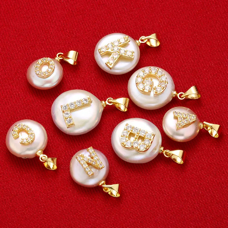 Big sales gold alphabet zircon a-z initial letters pendant freshwater pearl pendant for women