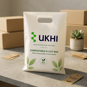 UKHI Bio <b>Compostable</b> PBAT PLA Cornstarch Die-Cut Three-Side Seal Carry <b>Bag</b> 75 Microns Supermarket Shopping Packaging - Product Image 4