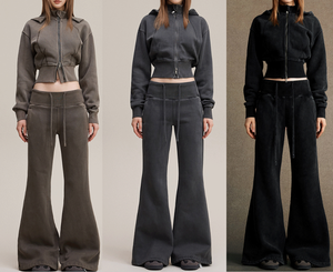 Setelan truk berat 400gsm, setelan 2 potong jas katun Fleece Crop Zip Hoodie dan Flare Sweatpants wanita musim dingin - Product Image 2