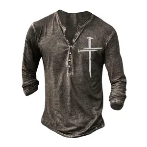 Wholesale long sleeve buckle 3d digital printing crew neck men's T-shirt top