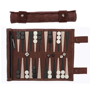 Handmade Hotselling Vintage Travel Portable Luxury Real Leather Roll Backgammon Game Sets