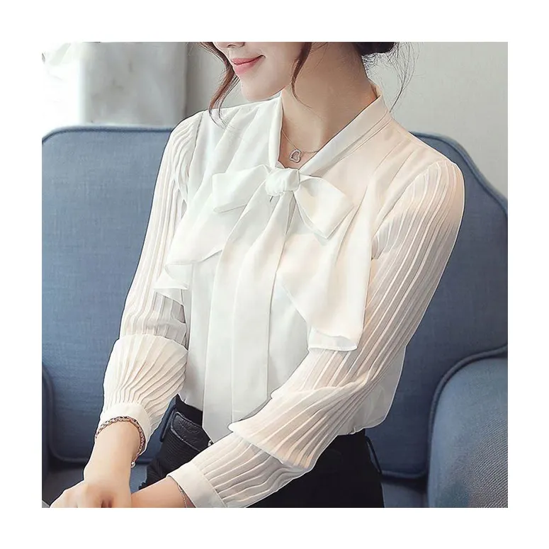 Latest Design Fashion Elegant Korean Bowknot Office Chiffon Shirt Solid Color Inner White Women Long Sleeves Blouses