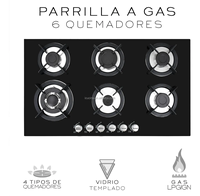 Table de cuisson à gaz encastrable 6 brûleurs en verre trempé, allumage électrique, 87 cm 90 cm
