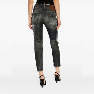 Jeans <span class=keywords><strong>Skinny</strong></span> da Donna Neri a Vita Media Personalizzati con Ricami e Patch Effetto Usurato, Lavaggio Distressed, Effetto Push-Up, Dettagli Bianchi, in Denim - Product Image 3