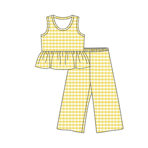 GSSO2309 Ensemble sans manches personnalisé pour petite fille active, imprimé à carreaux jaunes, vente en gros pour enfants - Product Image 1