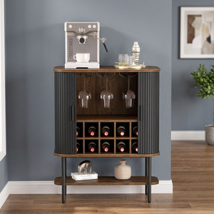 Meuble Bar Moderne en Bois pour Café et Vin avec Portes Coulissantes, Porte-Bouteilles en Verre et Étagère de Rangement, Design Oval - Product Image 3