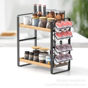 Solid Wood Coffee Bar <b>Storage</b> <b>Rack</b> Two Tier <b>Kitchen</b> Spice Organizer Iron Wood Combination Tea Bag Holder Desktop <b>Storage</b> - Product Image 2