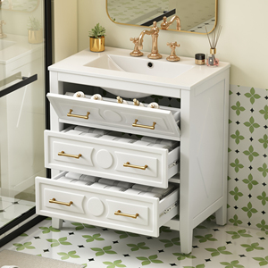 Commode moderne en bois massif avec miroir éclairé, armoire blanche pour chambre à coucher, hôtel, appartement, salon - Product Image 1
