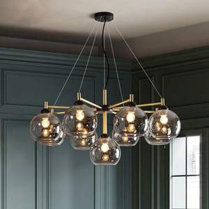Lustre moderne de style mid-century, finition noir et or, 9 lumières, globes en verre <span class=keywords><strong>gris</strong></span> fumé ambré, luminaire de <span class=keywords><strong>plafond</strong></span> pour salon, salle à manger, hall d'entrée - Product Image 6