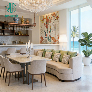 Muebles Costeros de Lujo, Banqueta Curva Tapizada en Tela Beige con Mesa de Café Tapizada en Mármol y Sillas para Hotel y Restaurante - Product Image 6