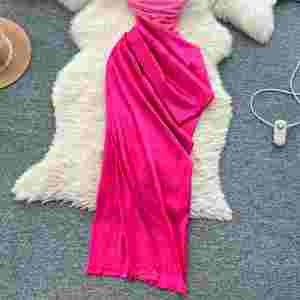 Vestido midi plisado de satén transpirable con cuello vuelto y abertura, estilo túnica, para mujer, con patchwork de malla y corte imperio, ideal para verano. - Product Image 3