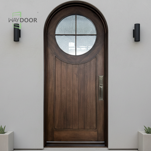 Porte d'entrée arquée en acajou africain entièrement personnalisée avec inserts de panneaux de verre circulaires à 4 vantaux, porte extérieure simple en <span class=keywords><strong>bois</strong></span> massif - Product Image 2