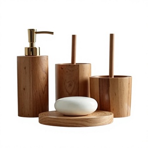 Juego de Accesorios de Baño Modernos de Madera, 4 Piezas, Jabonera Redonda, Portacepillos de Dientes, Dispensador de Loción - Product Image 1