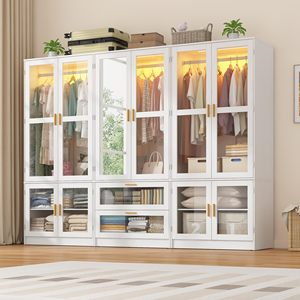 <span class=keywords><strong>Armadio</strong></span> di Lusso con Porte in Vetro LED, Ampio Guardaroba per Camera da Letto con <span class=keywords><strong>Specchio</strong></span> e Asta Appendiabiti, Mobile Contenitore in Legno Bianco - Product Image 6