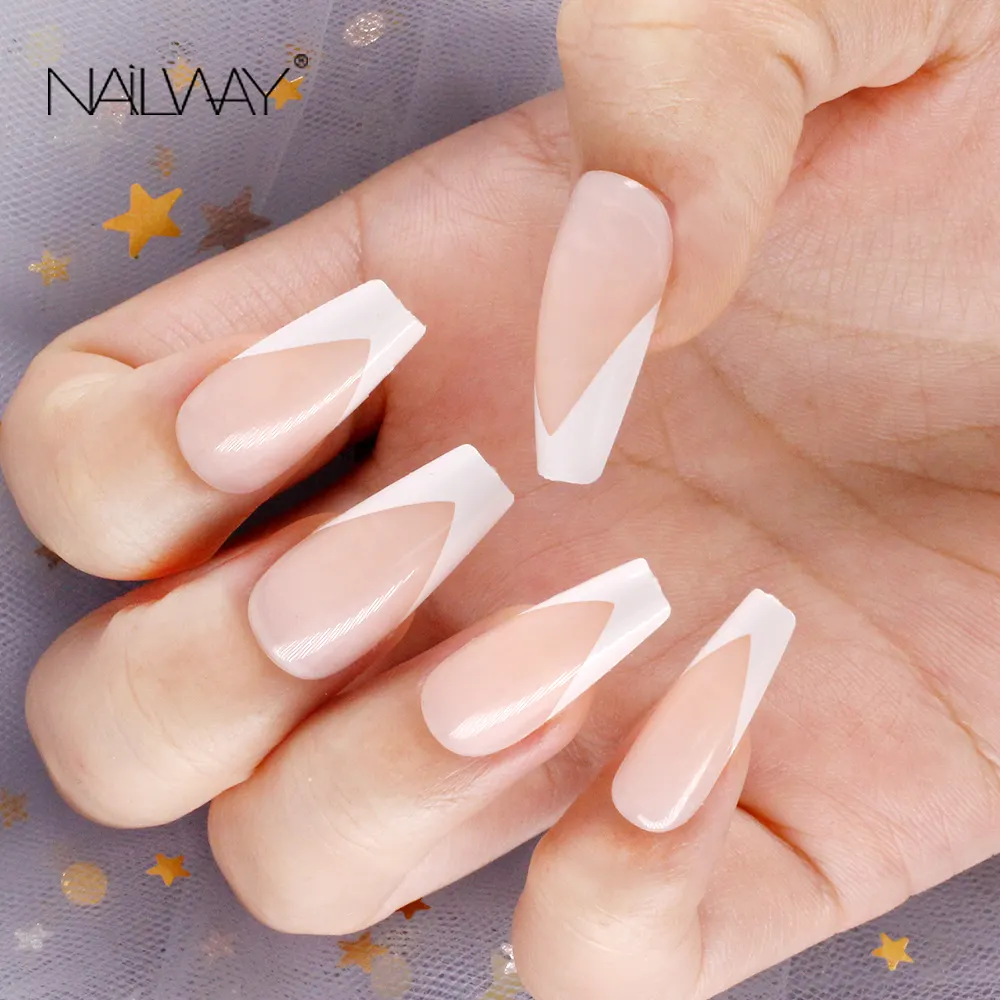Artificiale Unghie French Bianco V Forma Lunga Bara Fale Unghie-Extra Long Stampa Sulle Unghie Ballerina-Fake-24pcs Nude-Faux-Ongles
