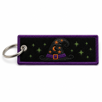 Porte-clés personnalisé en tissu brodé avec logo, motif sorcière d'Halloween, breloque effrayante, cordon, cadeau en gros