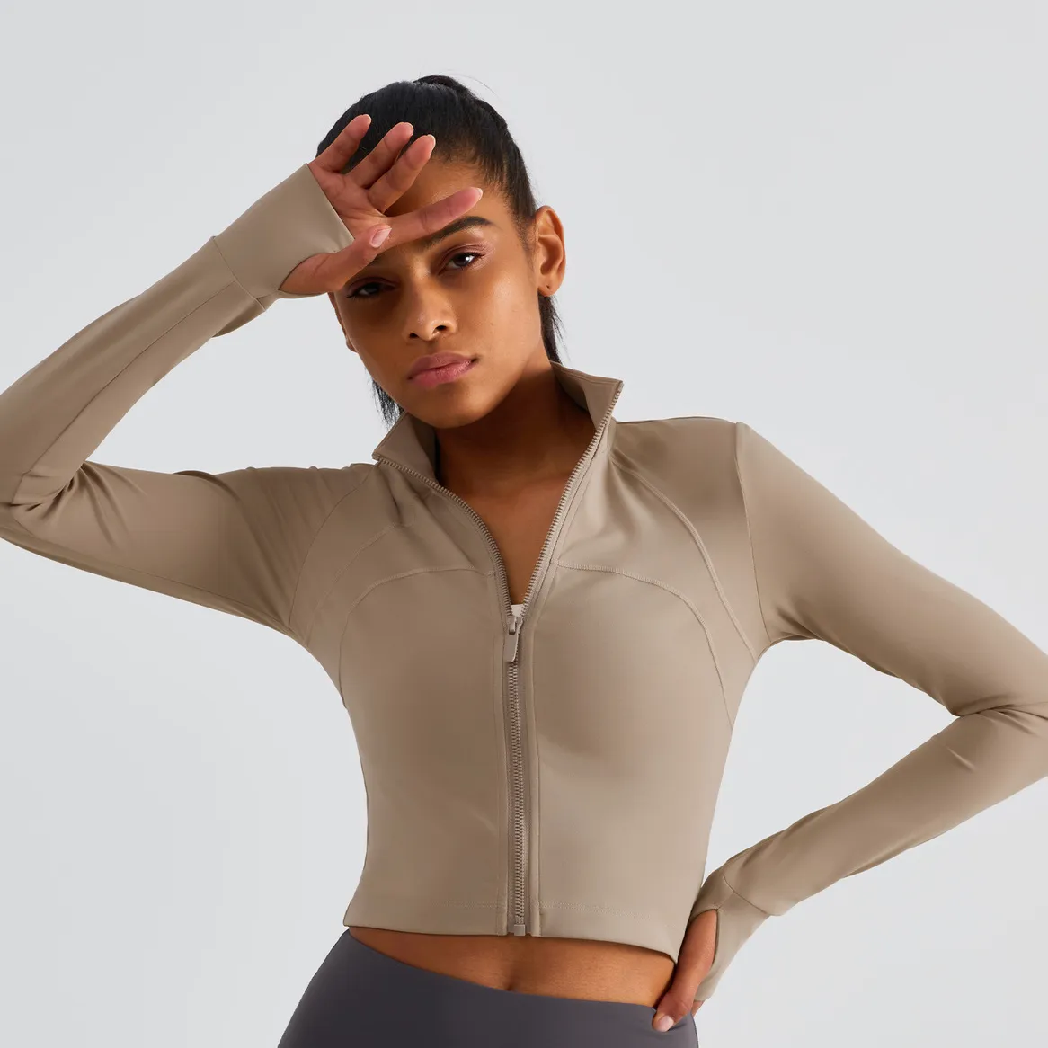 WT1498 Women Front Antiskid Zipper High Collar Jacket Long Sleeve Thumb-hole Cropped Yoga Jacket Slim Fit Athletic Wear