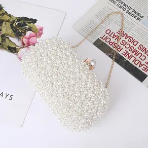 Elegant temperament white pearl decorate ladies clutch bags bridal beaded purse women evening shoulder bag