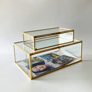 Custom Logo Geometric Glass Box With Lid Golden Brass Hexagonal Display Storage Vintage Glass Jewellery Box