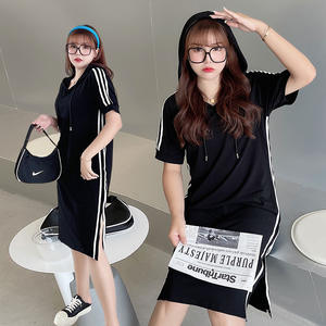 ชุดสเวตเชิ้ตแขนสั้นมีฮู้ดสำหรับผู้หญิงขนาดใหญ่พิเศษชุดเดรสสีดำยืดเอวสีทึบ N8106ต่อ - Product Image 4