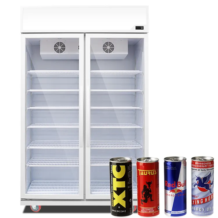 両開きドア商用垂直ガラスショーケースケース直立チラー飲料ディスプレイ直立冷蔵庫冷凍庫