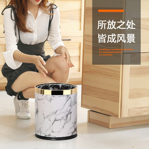 Marble Pattern Trash Can Cylindrical Indoor Living Room Bedroom Kitchen Bathroom Minimalist Luxury Design - Product Image 1