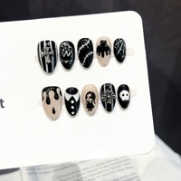 Uñas Postizas Góticas Hechas a Mano con Diseño de Calavera Negra, Cruz Plateada y Telaraña, 10 Piezas, Color Beige Nude, Uñas Falsas Góticas para Mujer