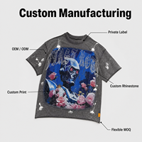 Kaos T-Shirt Lengan Pendek Oversize Dua Sisi dengan Cetakan Percikan Rhinestone Abu-abu Efek Acid Wash OEM ODM Logo Kustom