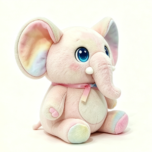 Elefante de Peluche Rosa Pastel Kawaii con Degradado de Arcoíris y Cinta – Adorable Animal de Peluche Sentado para Niños - Product Image 1