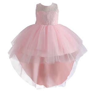 Girls Lace Tulle Ball Gown Dress Pink O-Neck High Low Hem Flower Girl Birthday Party Dress - Product Image 5
