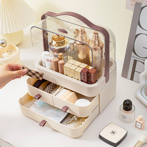 Boîte de rangement cosmétique, organiseur de bureau avec tiroirs, organiseur de maquillage en plastique crème et marron pour soins de la peau et rouges à lèvres - Product Image 4