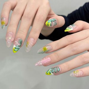 Ongles artisanaux de style européen et américain, purement Y2K, dégradé floral transparent, amande, à presser - Product Image 6