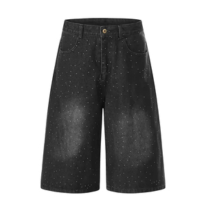 Shorts en <span class=keywords><strong>jean</strong></span> personnalisés pour femmes, shorts en <span class=keywords><strong>jean</strong></span> décontractés avec strass pour femmes, pantalons <span class=keywords><strong>mi</strong></span>-jeans amples - Product Image 5
