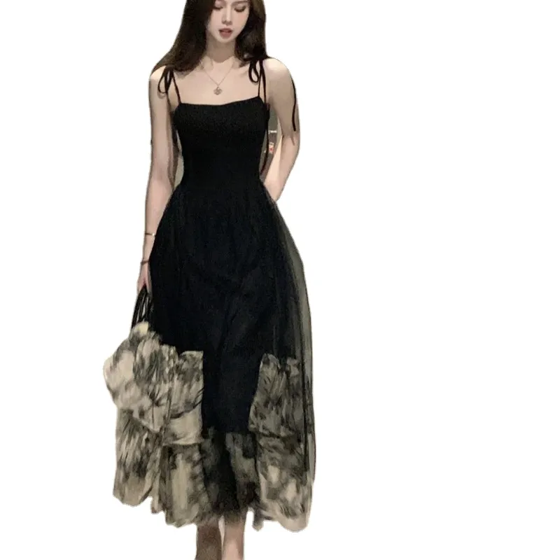 Vestido de alcinha espaguete para mulheres, roupas de verão românticas preto elfo 2023