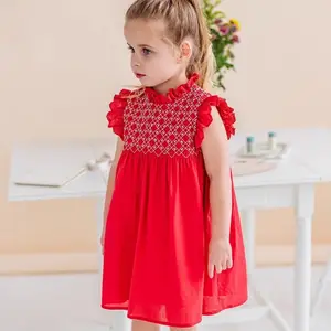 Abbigliamento per bambini di natale vestiti Smocked fatti a mano per ragazze abiti Smocking per bambini popeline di cotone bianco rosso