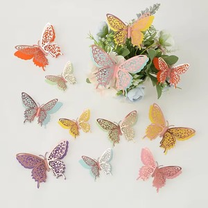 Lot de 12 décorations <span class=keywords><strong>papillon</strong></span> dorées à double couche en papier pailleté pour gâteaux d'<span class=keywords><strong>anniversaire</strong></span>, fleurs et décorations murales pour la maison - Product Image 4