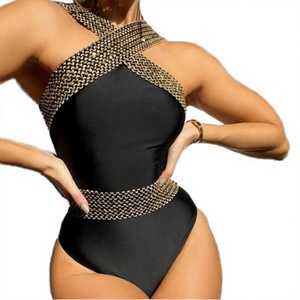 Luxury Custom Women One Piece Swimsuit <b>Rhinestone</b> Cross Halter Bathing Suit Glitter High Leg Sexy Beachwear 2026 - Product Image 2