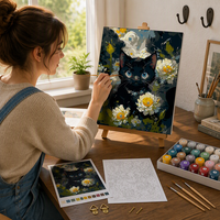 Kit Lukisan Cat Akrilik Berbingkai Motif Kucing Hitam dan Bunga untuk Dewasa Pemula, Dekorasi Dinding 40x50cm