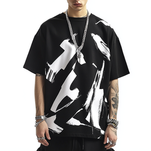 Promotion Exceptionnelle : T-Shirt <span class=keywords><strong>Noir</strong></span> Homme Oversize Imprimé Encre Abstraite Blanche, Confortable et Décontracté, Style Streetwear, Manches Courtes - Product Image 4