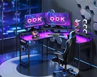 Ensemble de chaise et de table de jeu avec cadre noir, bureau d'ordinateur avec éclairage LED, bureau de jeu pour PC, table de jeu avec étagère