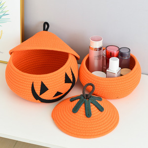 Halloween Pumpkin Storage <b>Basket</b> With Lid Cotton Rope Woven Design For Home Decor Fall Winter 2024 - Product Image 2