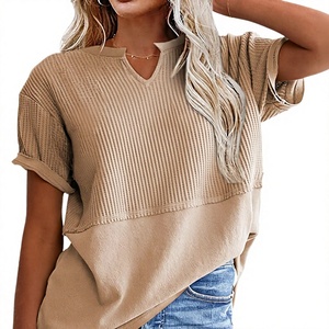 Camiseta Holgada de Manga Corta con Cuello en V para Mujer SHEWIN, Color Sólido, 100% Poliéster, Primavera/Verano, Color Caqui, Talla US 12-14 (L) - Product Image 1