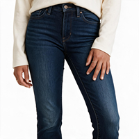 Jean en denim bleu foncé taille haute coupe droite style européen et américain pour femme, délavage vintage, coupe slim extensible, longueur intégrale