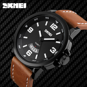 SKMEI นาฬิกาควอทซ์อะนาล็อกสำหรับผู้ชาย หน้าปัดสีดำ สายหนัง แสดงวันที่ นาฬิกาข้อมือแฟชั่นลำลอง ตัวเรือนโลหะผสมสังกะสี - Product Image 1