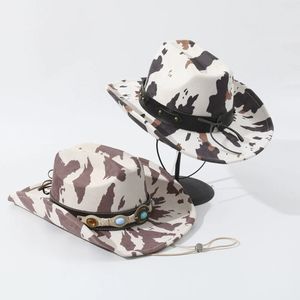 Mignon rétro PU Western Cowboy chapeau marron vache imprimer grande <span class=keywords><strong>corniche</strong></span> respirant filet extérieur crème solaire pêche décontracté unisexe seau chapeau - Product Image 3