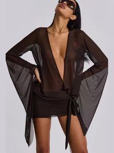 Vestido Coqueto Sexy y <span class=keywords><strong>Chic</strong></span> de Manga Larga con Cuello en V, Sólido, Transpirable, Natural, Ajustado y Mini para Mujer - Product Image 4