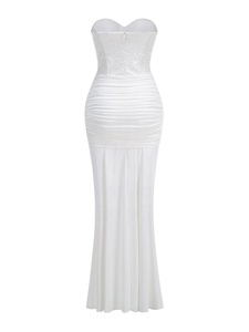 Abito da Sera Sexy <span class=keywords><strong>Senza</strong></span> <span class=keywords><strong>Spalline</strong></span>, Elegante <span class=keywords><strong>Vestito</strong></span> Lungo <span class=keywords><strong>Bianco</strong></span> con Drappeggio e Lustrini, Abito da Festa per Donne - Product Image 4